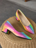 Women's Pointed Toe Stone Pattern Red 4cm High Heels Chunky Heeled Green Pump Shoes Fall, Light Blue Shallow Mouth Casual Shoes