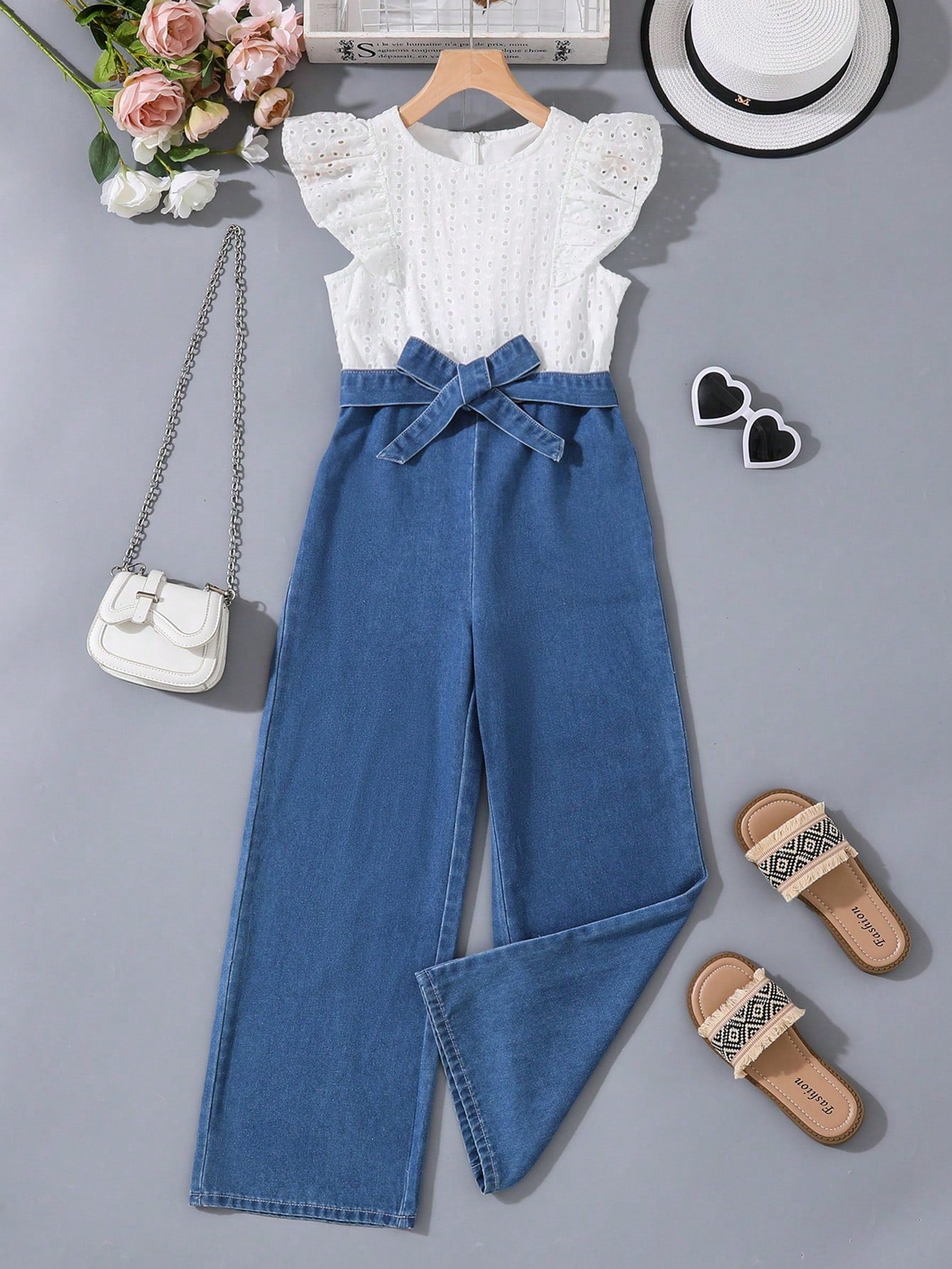 Tween Girl White Ruffle Sleeve & Blue Denim Spliced Jumpsuit With Long Pants