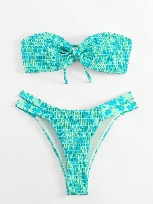 Swim Mod Summer Beach Floral Print Shirred Two-Piece Bikini Set