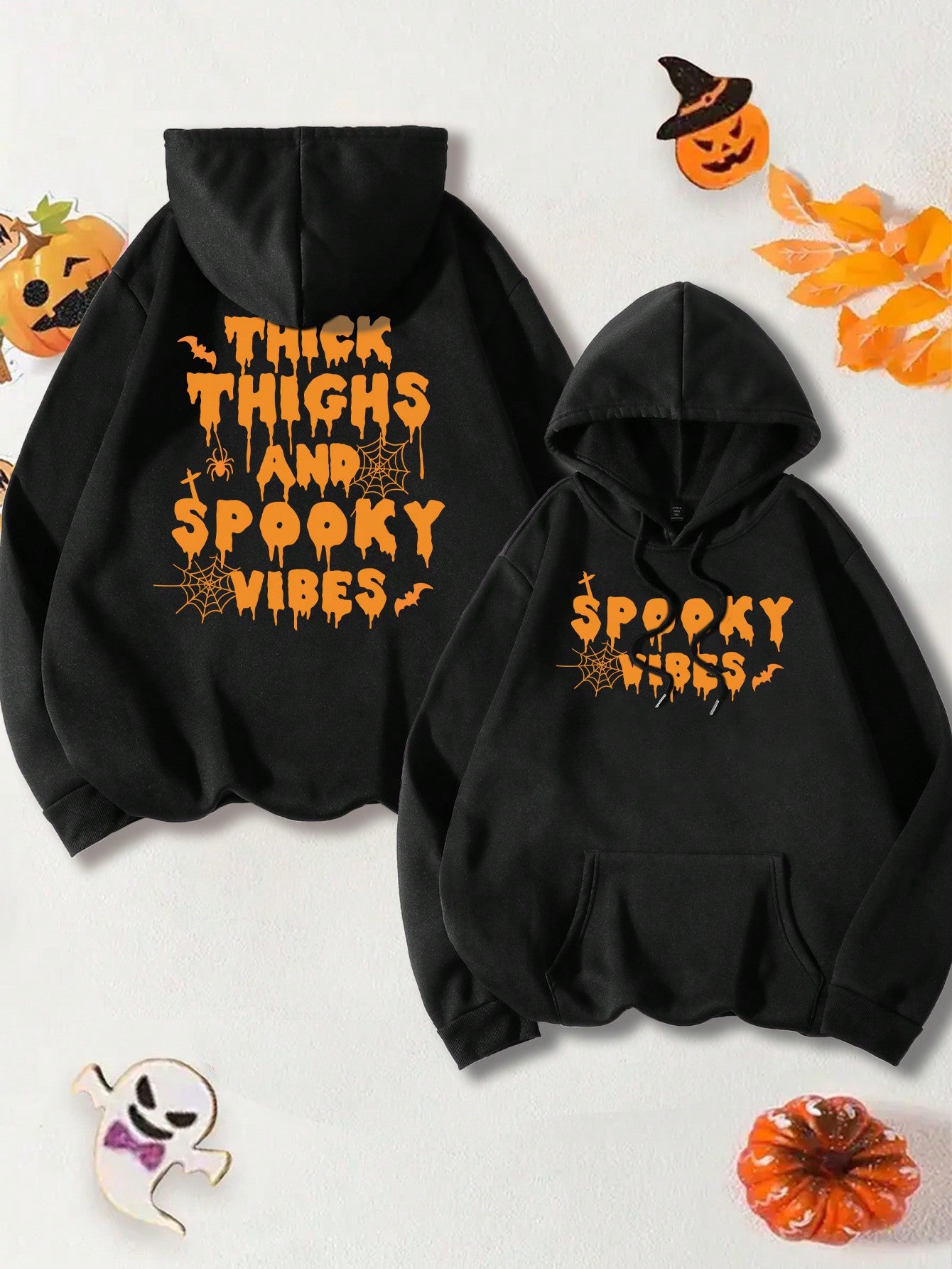 Plus Size Women's Spider Web&Slogan Graphic Drawstring Hooded Fleece Sweatshirt