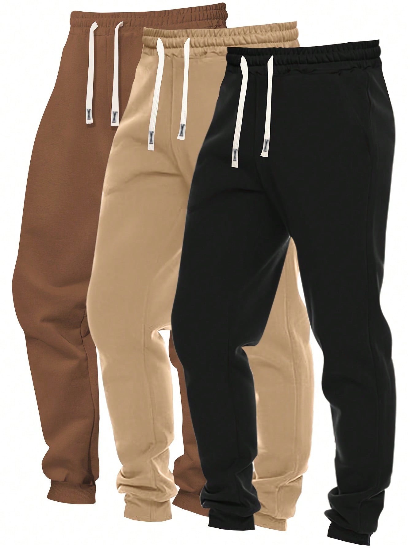 Men's 3pcs Solid Color Drawstring Waist And Tapered Leg Casual Sports Pants For Spring And Autumn