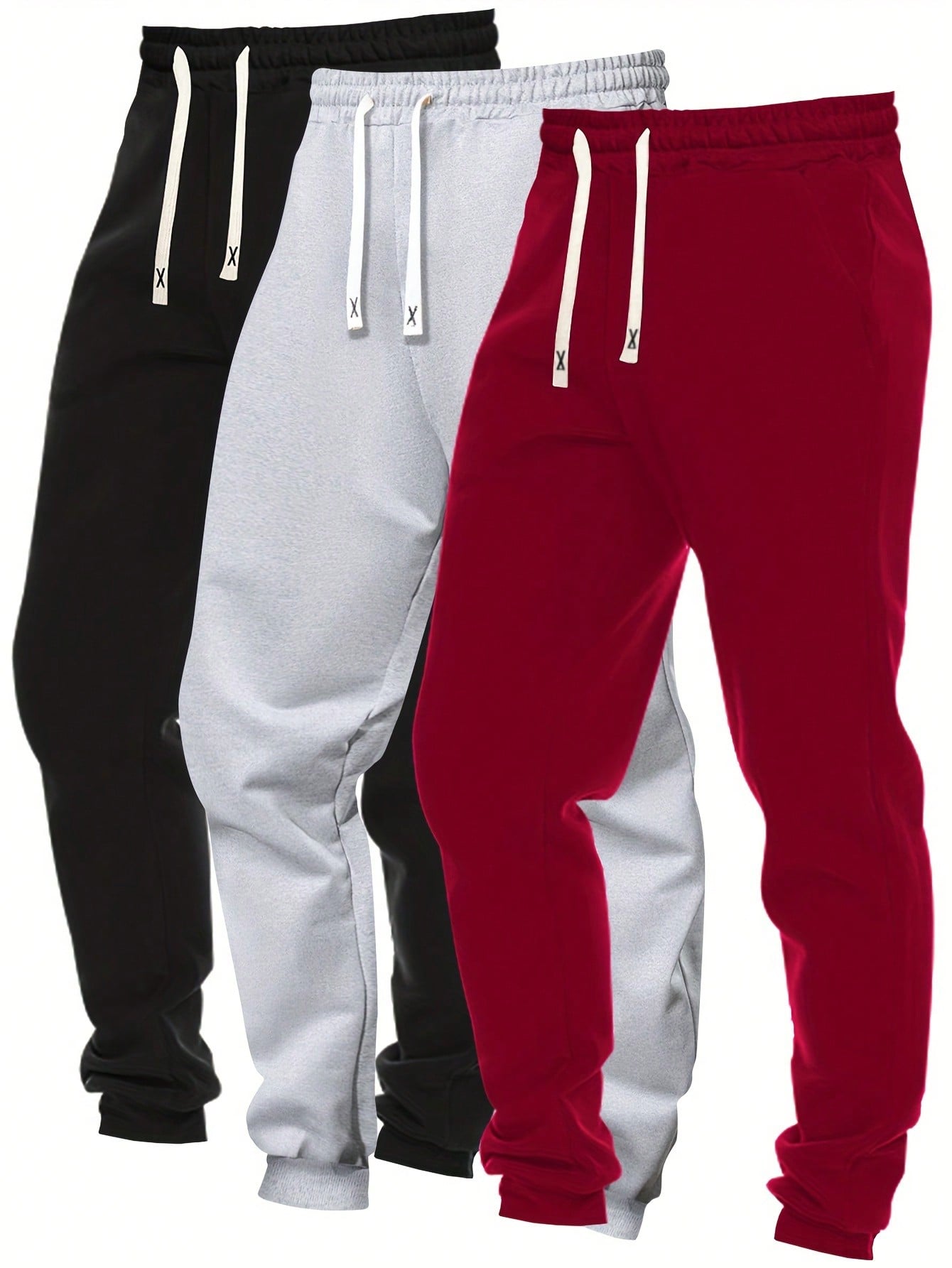 Men's 3pcs Solid Color Drawstring Waist And Tapered Leg Casual Sports Pants For Spring And Autumn