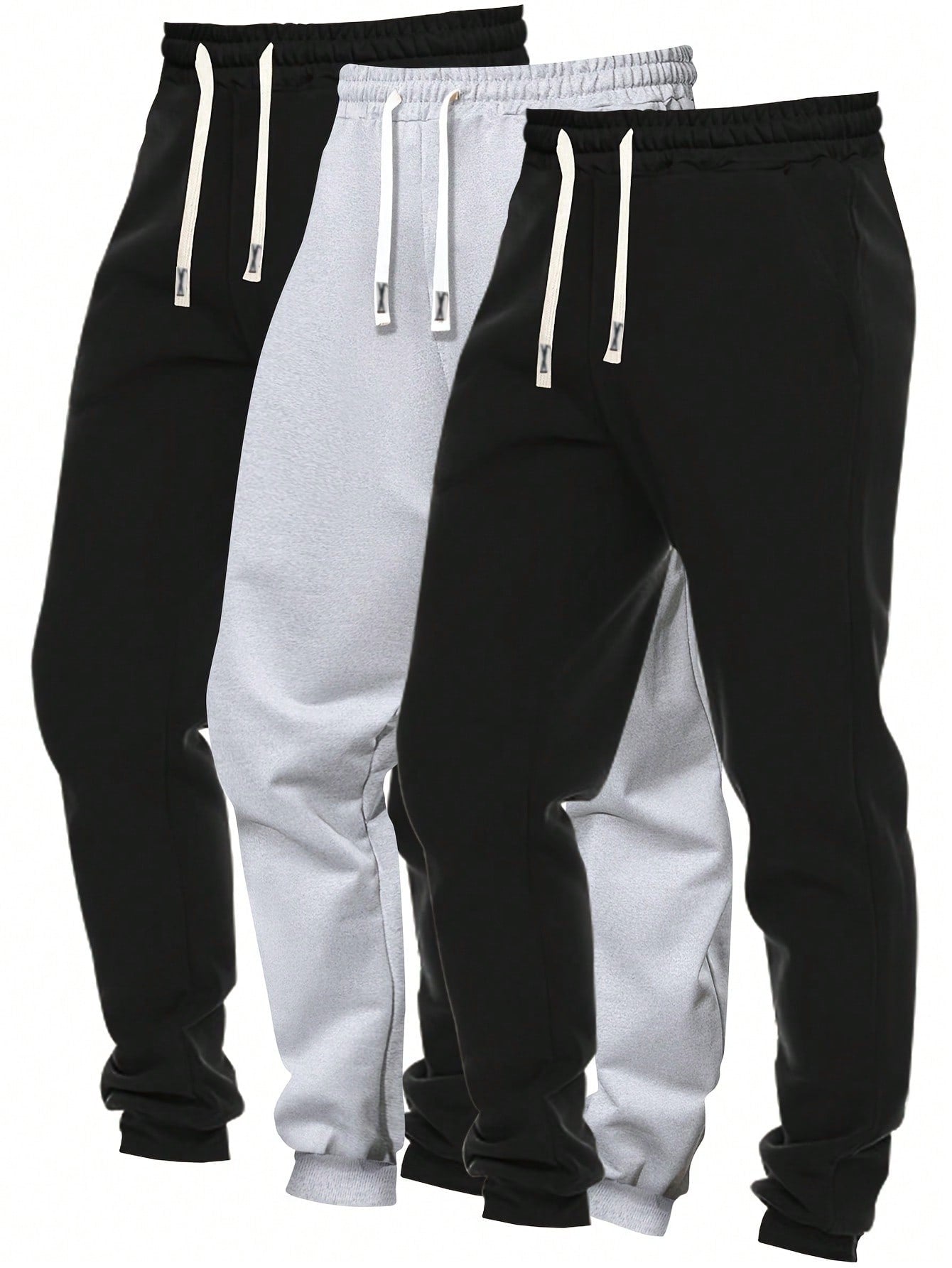 Men's 3pcs Solid Color Drawstring Waist And Tapered Leg Casual Sports Pants For Spring And Autumn