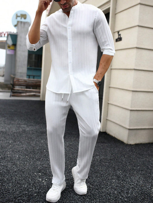 Men's Spring/Summer Casual Solid Color Short Sleeve Shirt And Long Pants Set