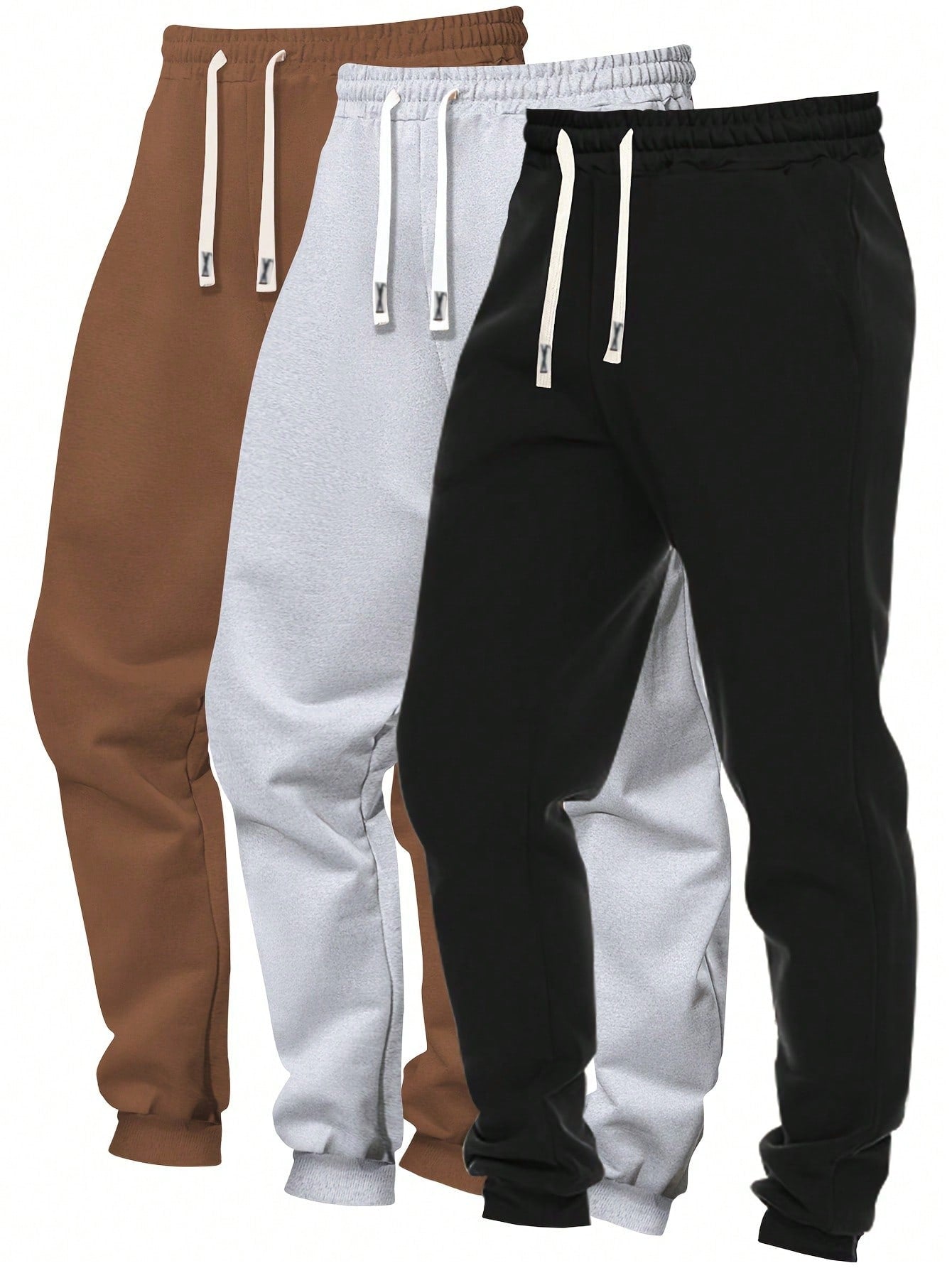 Men's 3pcs Solid Color Drawstring Waist And Tapered Leg Casual Sports Pants For Spring And Autumn