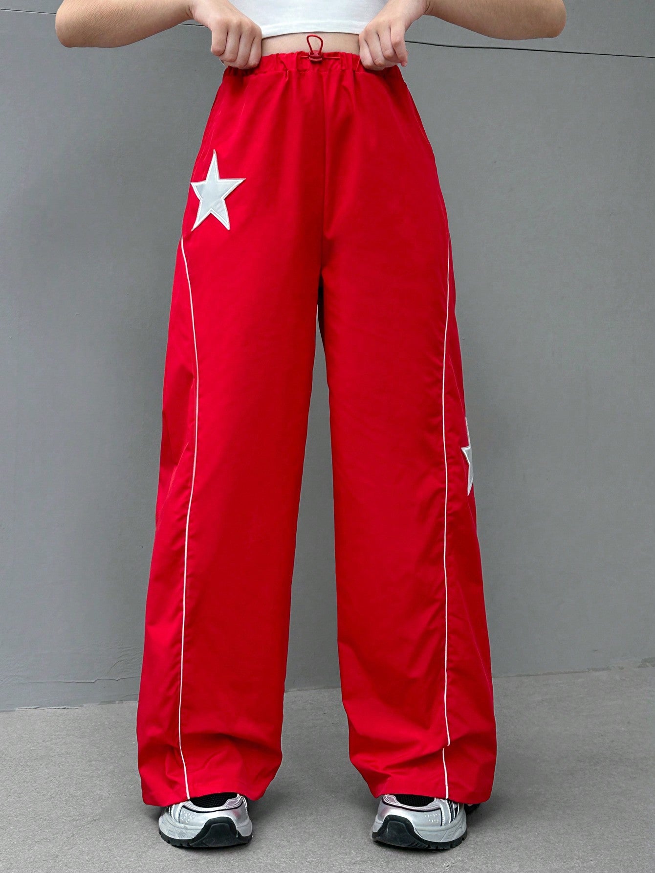 Teen Girl's Woven Wide Leg Pants With Drawstring Waist & Star Patch And Braid Trimmed Side Pockets