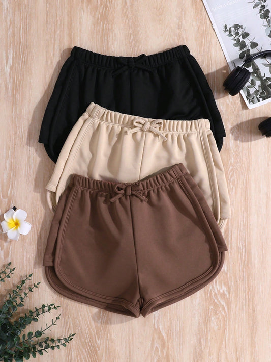 3pcs Solid Color Knitted Bowknot Casual Shorts Set For Tween Girls