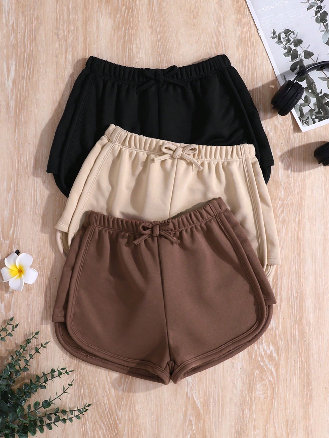 3pcs Knitted Solid Color Bowknot Casual Shorts Set For Tween Girls