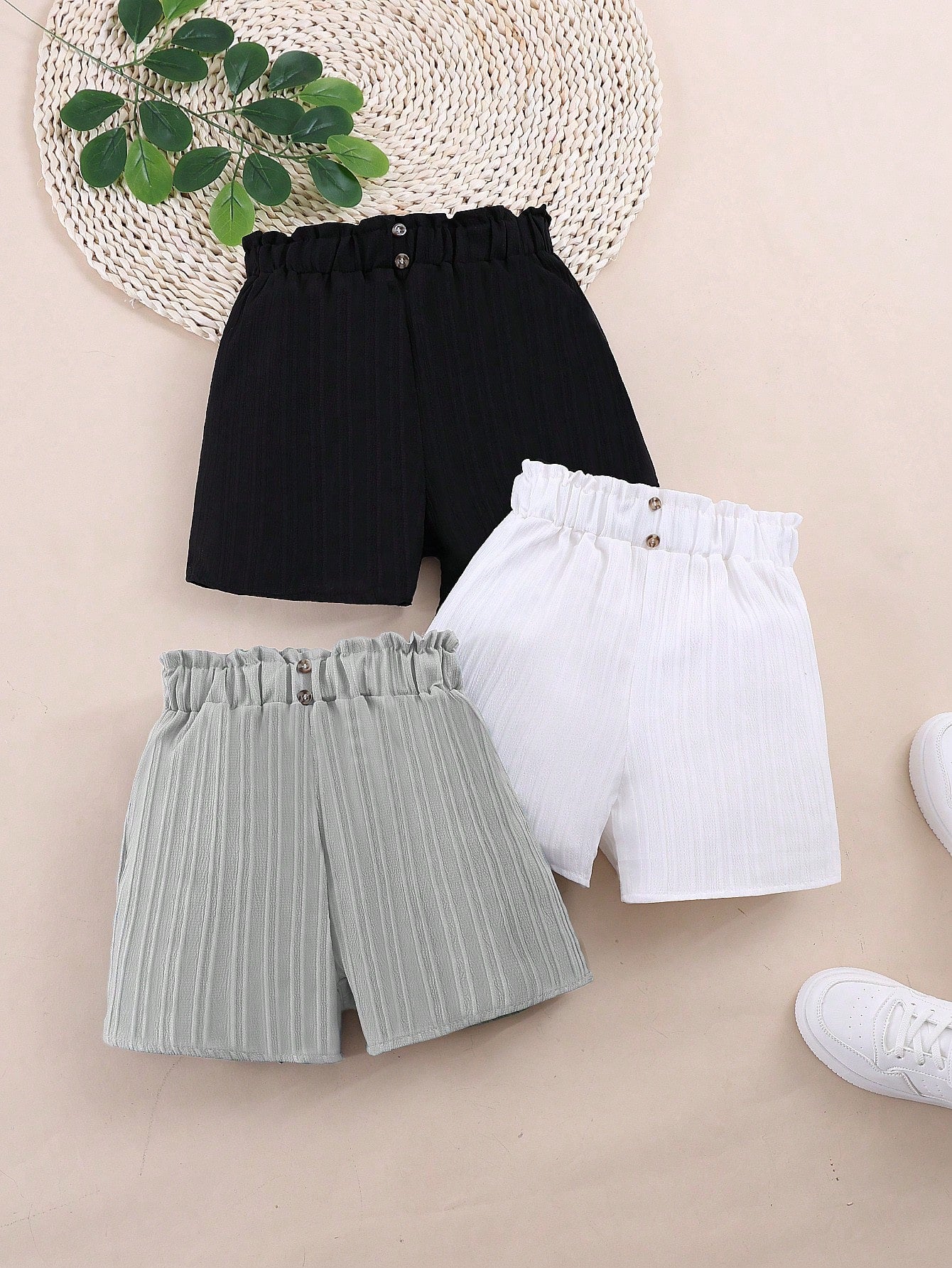 3pcs/Set Tween Girl Casual Solid Color Buttoned Shorts, Summer