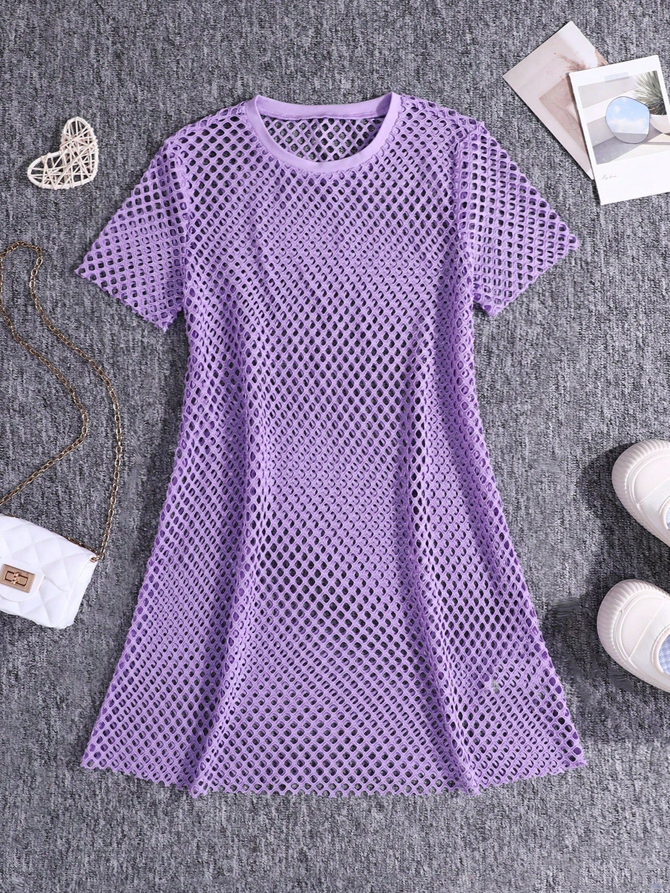 Tween Girl's Knitted Mesh Round Neck Short Sleeve Cover Up, Casual & Everyday Wear