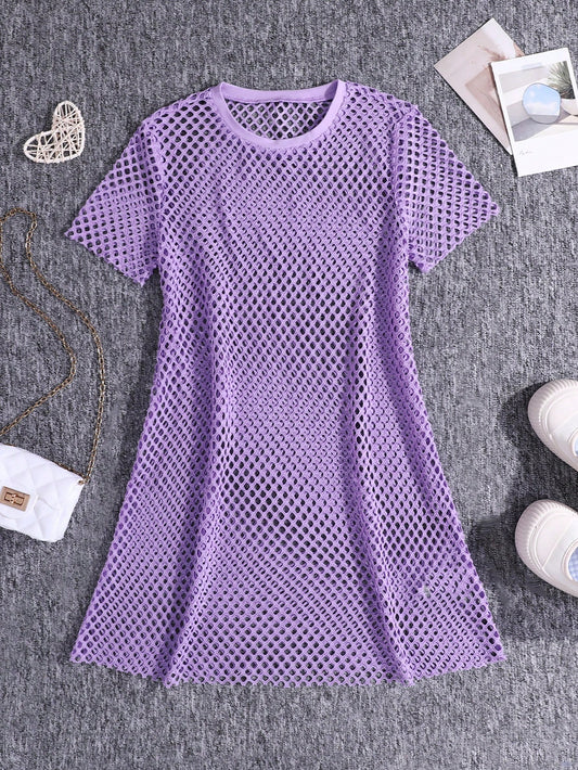 Tween Girl Daily Casual Knit Mesh Round Neck Short Sleeve Cover Up