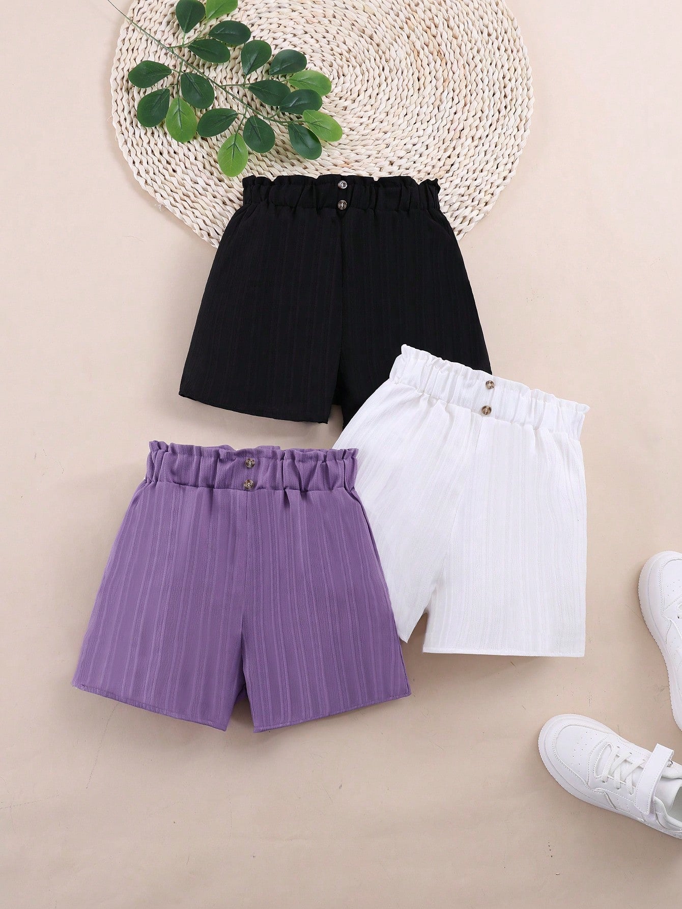 3pcs/Set Tween Girl Casual Solid Color Buttoned Shorts, Summer