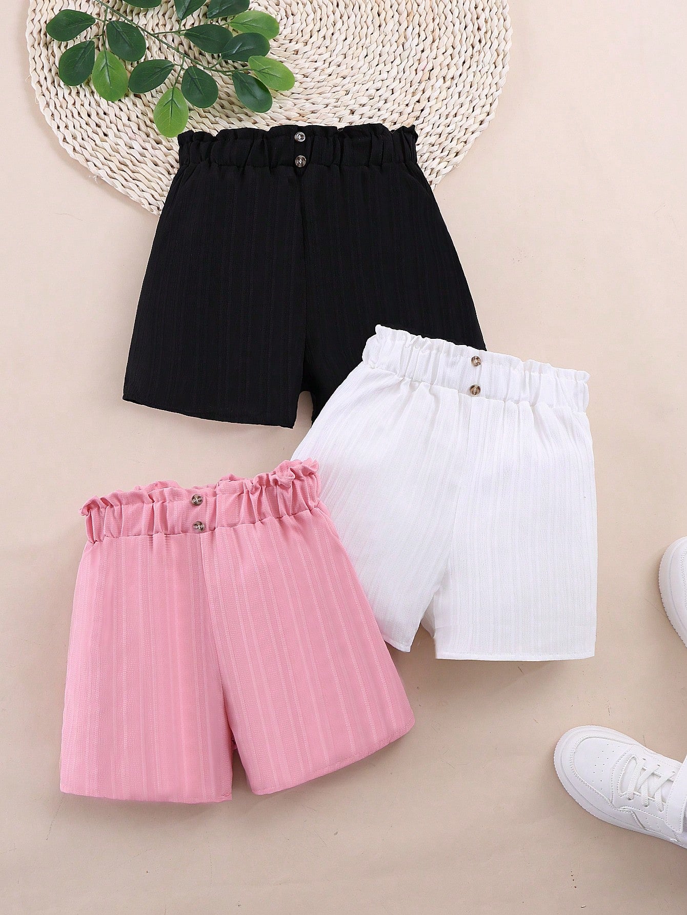 3pcs/Set Tween Girl Casual Solid Color Buttoned Shorts, Summer