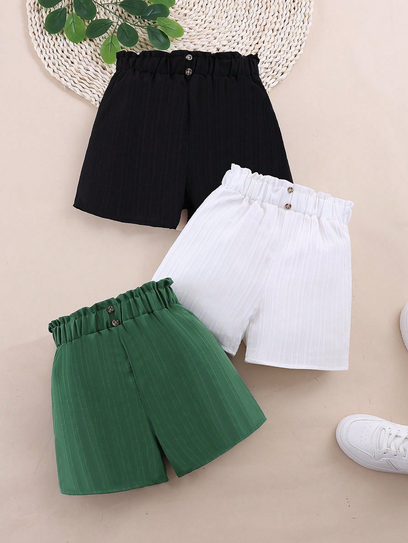 3pcs/Set Tween Girl Casual Solid Color Buttoned Shorts, Summer