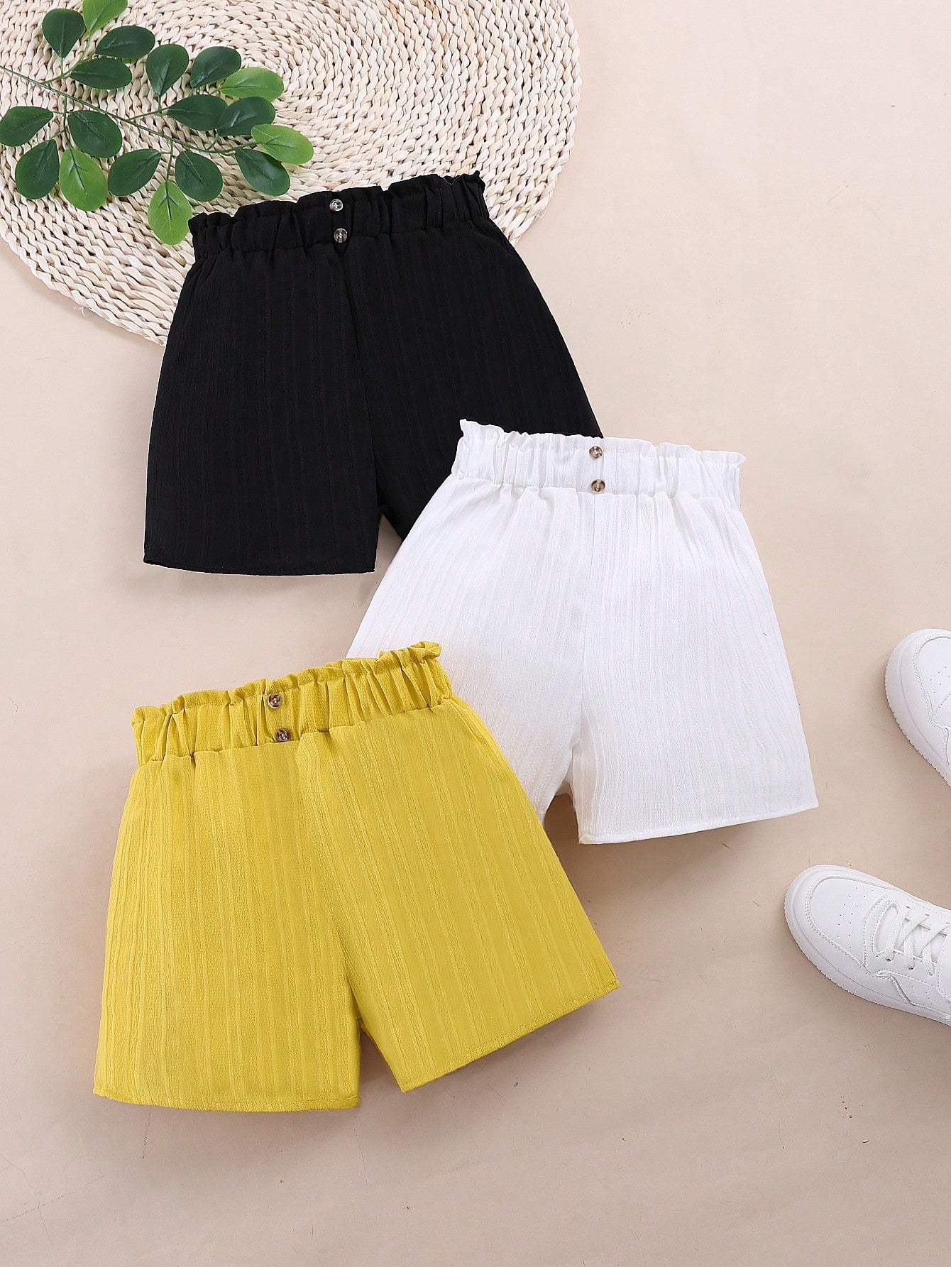 3pcs/Set Tween Girl Casual Solid Color Buttoned Shorts, Summer