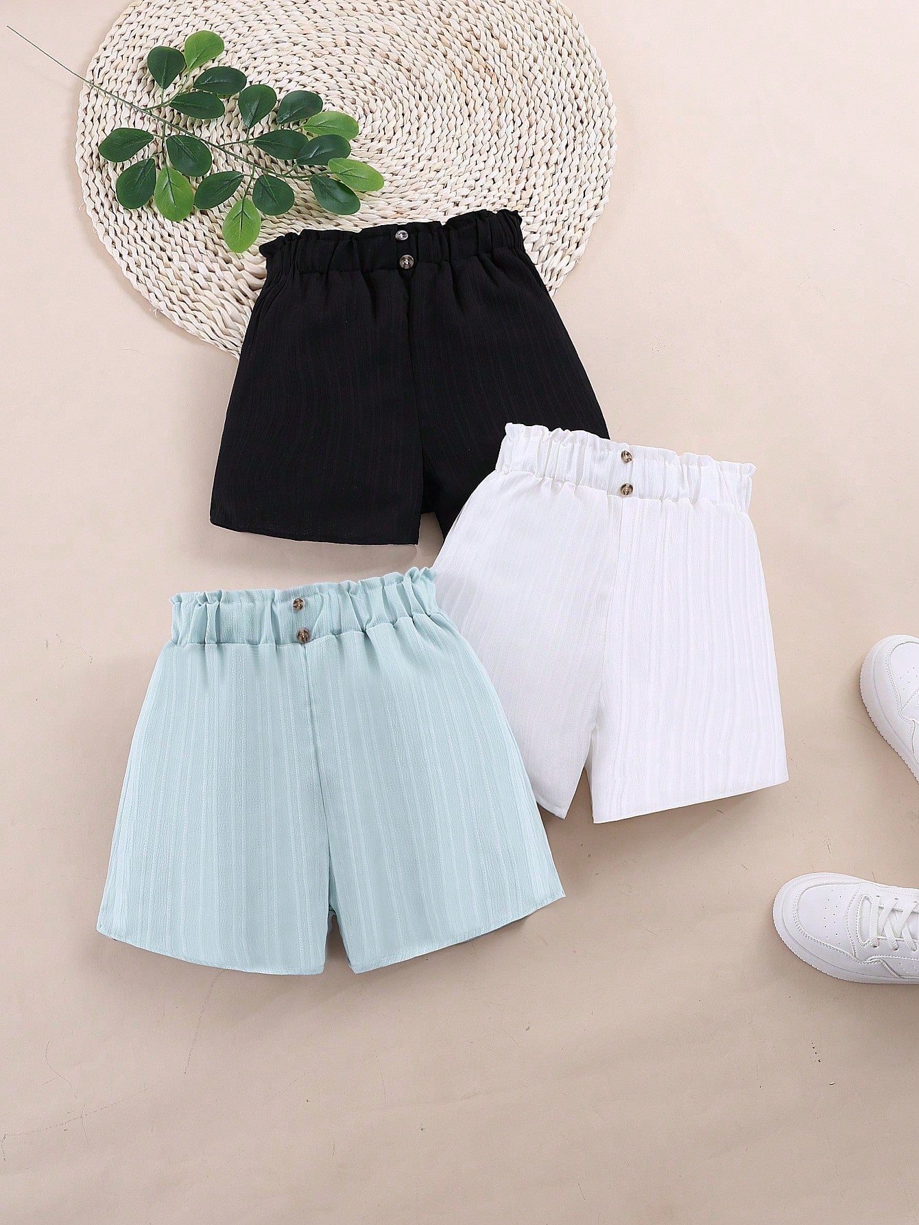 3pcs/Set Tween Girl Casual Solid Color Buttoned Shorts, Summer