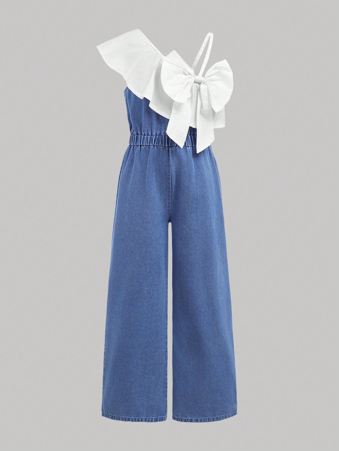 Tween Girls' Trendy Colorblock Bow Front Asymmetrical Neck Ruffle Trim Denim Jumpsuit