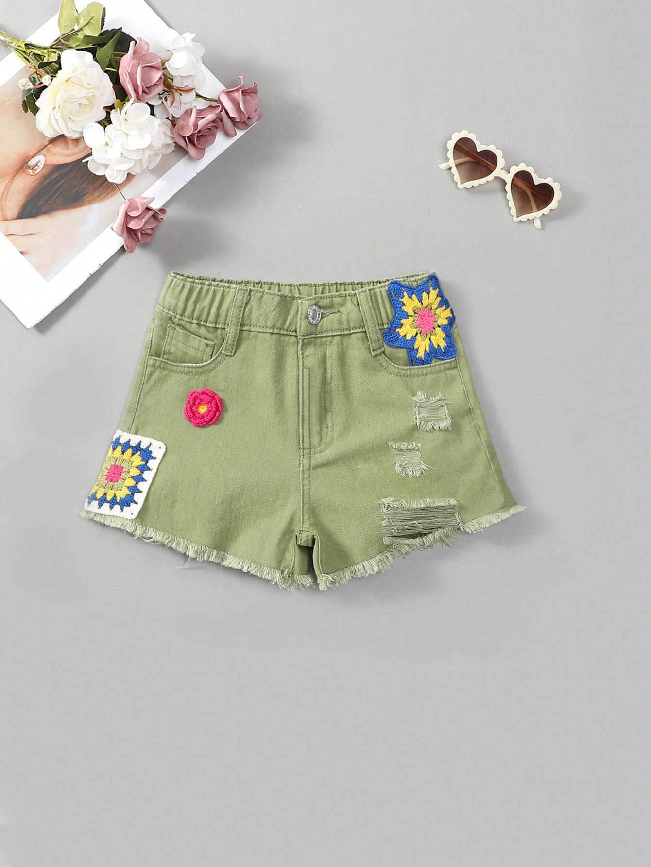 Casual Vacation Crochet & Flower Pattern Distressed Light Blue Denim Shorts For Tween Girl