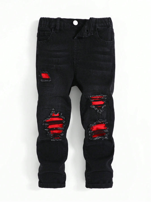 Young Boy Black Fashion Casual Color Contrast Red Patchwork Is Elastic Denim Jeans For Vacation And Dailywear