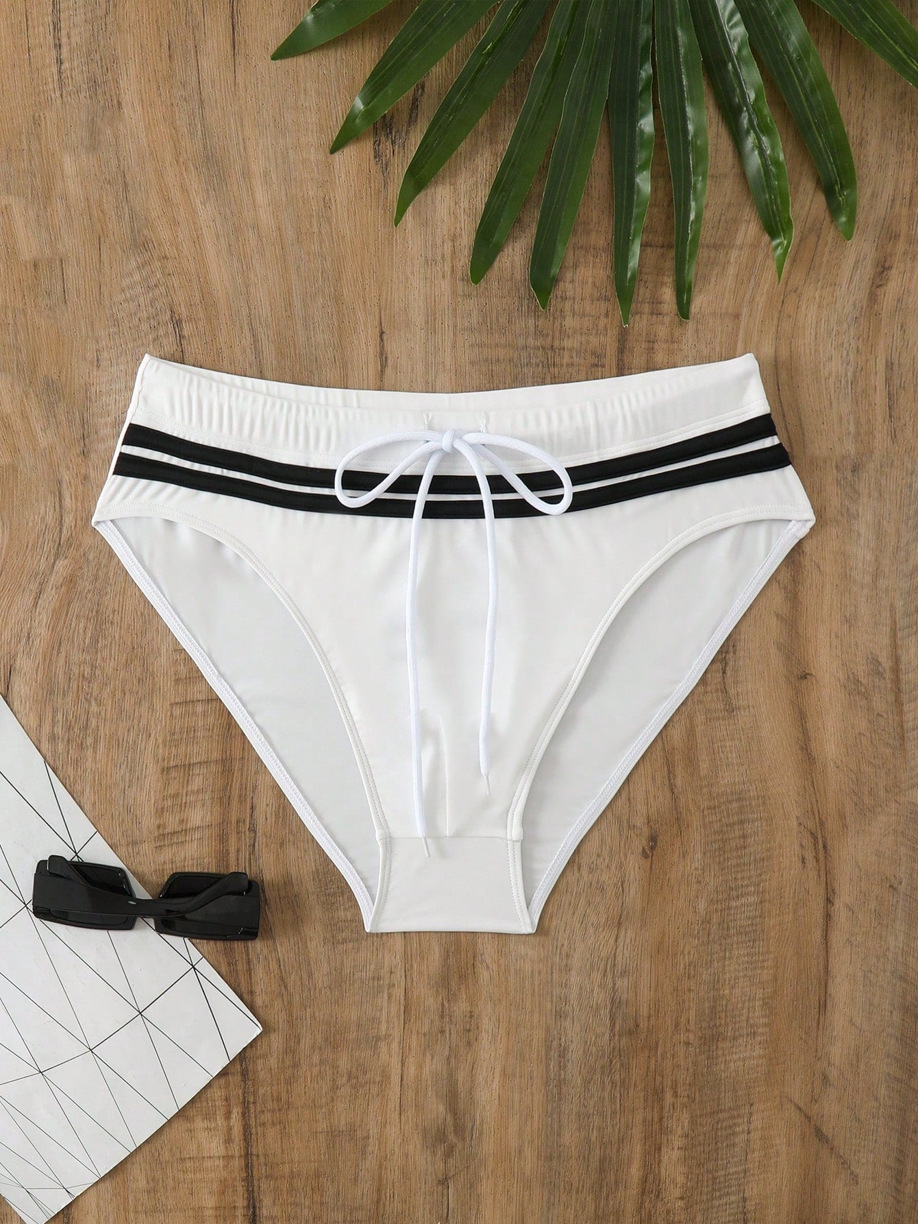 Plus Men Striped Trim Drawstring Waist Swim Brief