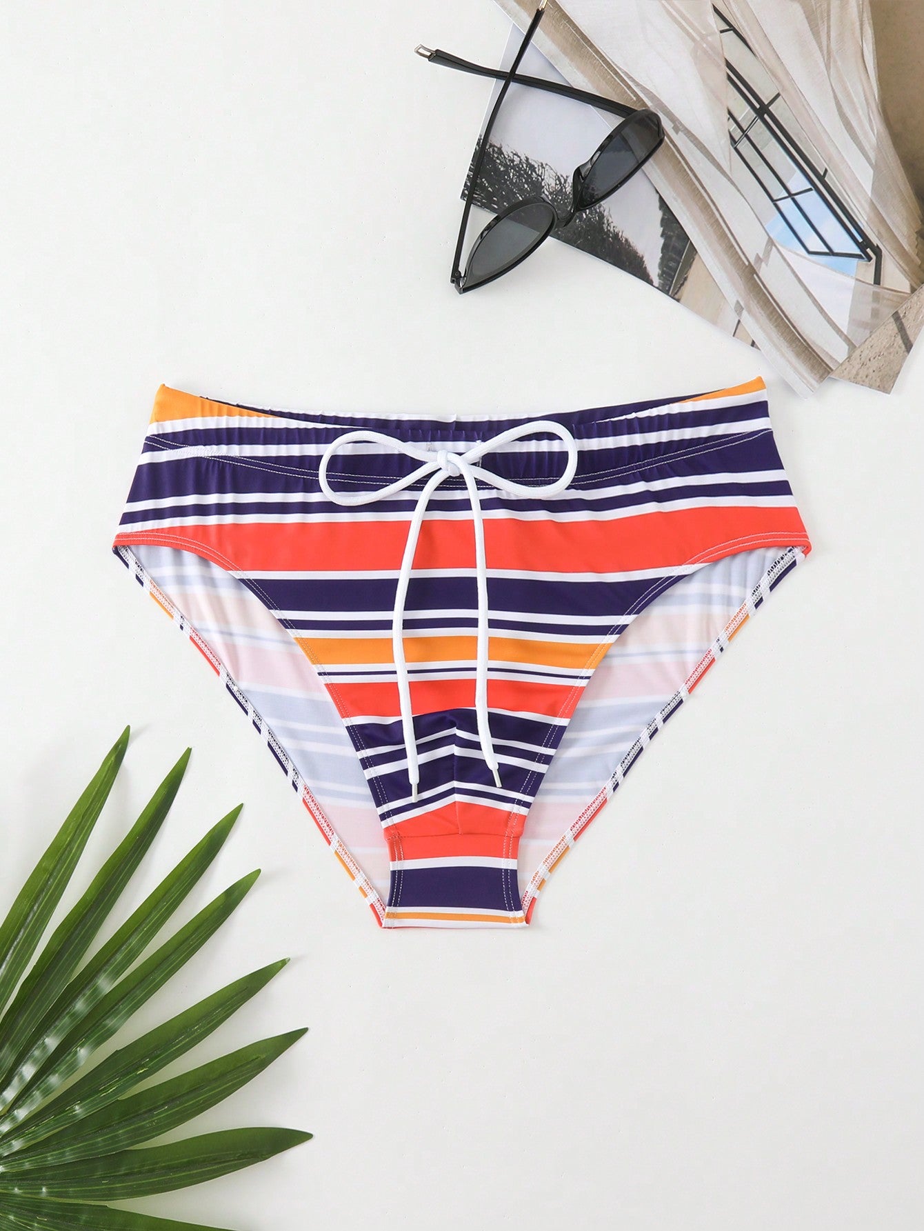 Men Plus Striped Drawstring Waist Swim Brief