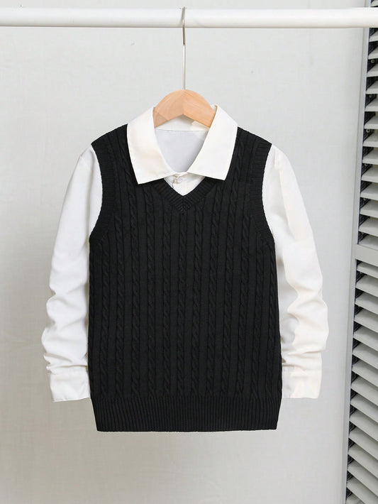 Tween Boy Loose Casual Knitted Vest With Twist Flower Design, Affordable