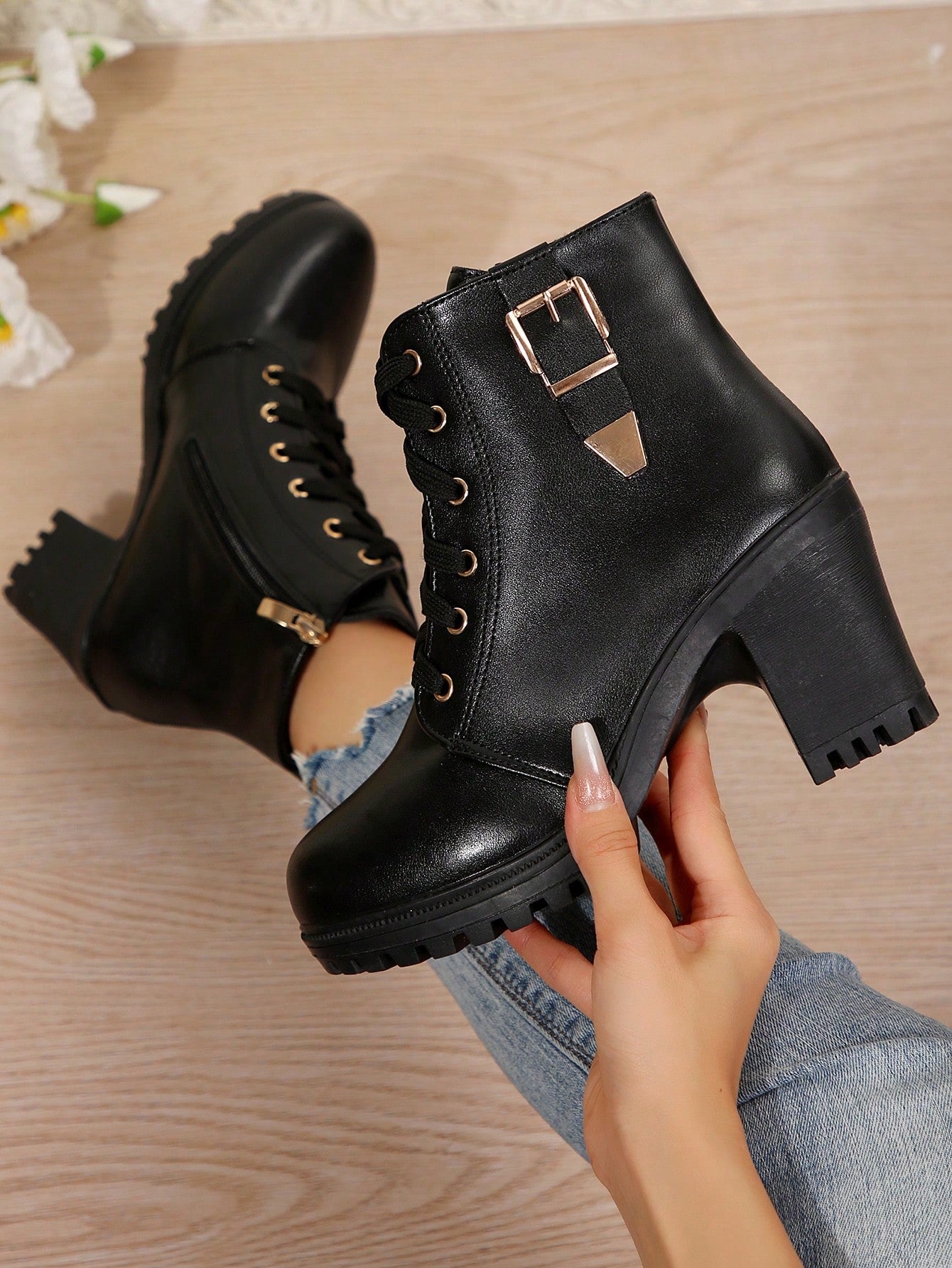 Women's Solid Color Lace-Up  Boots With Side Zipper, Chunky High Heel Ankle Boots