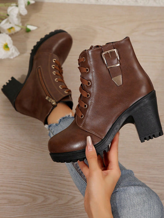 Women's Solid Color Lace-Up  Boots With Side Zipper, Chunky High Heel Ankle Boots