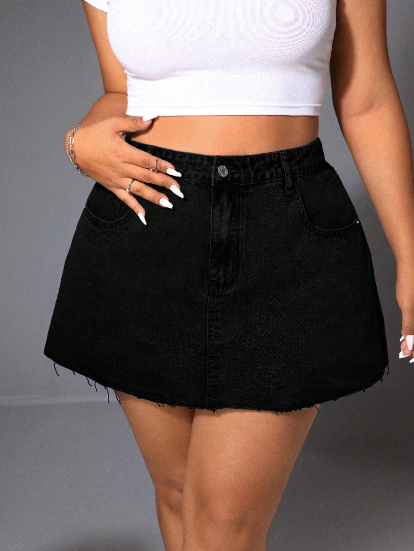 Plus Size Summer Casual Frayed Washed Denim Skirt