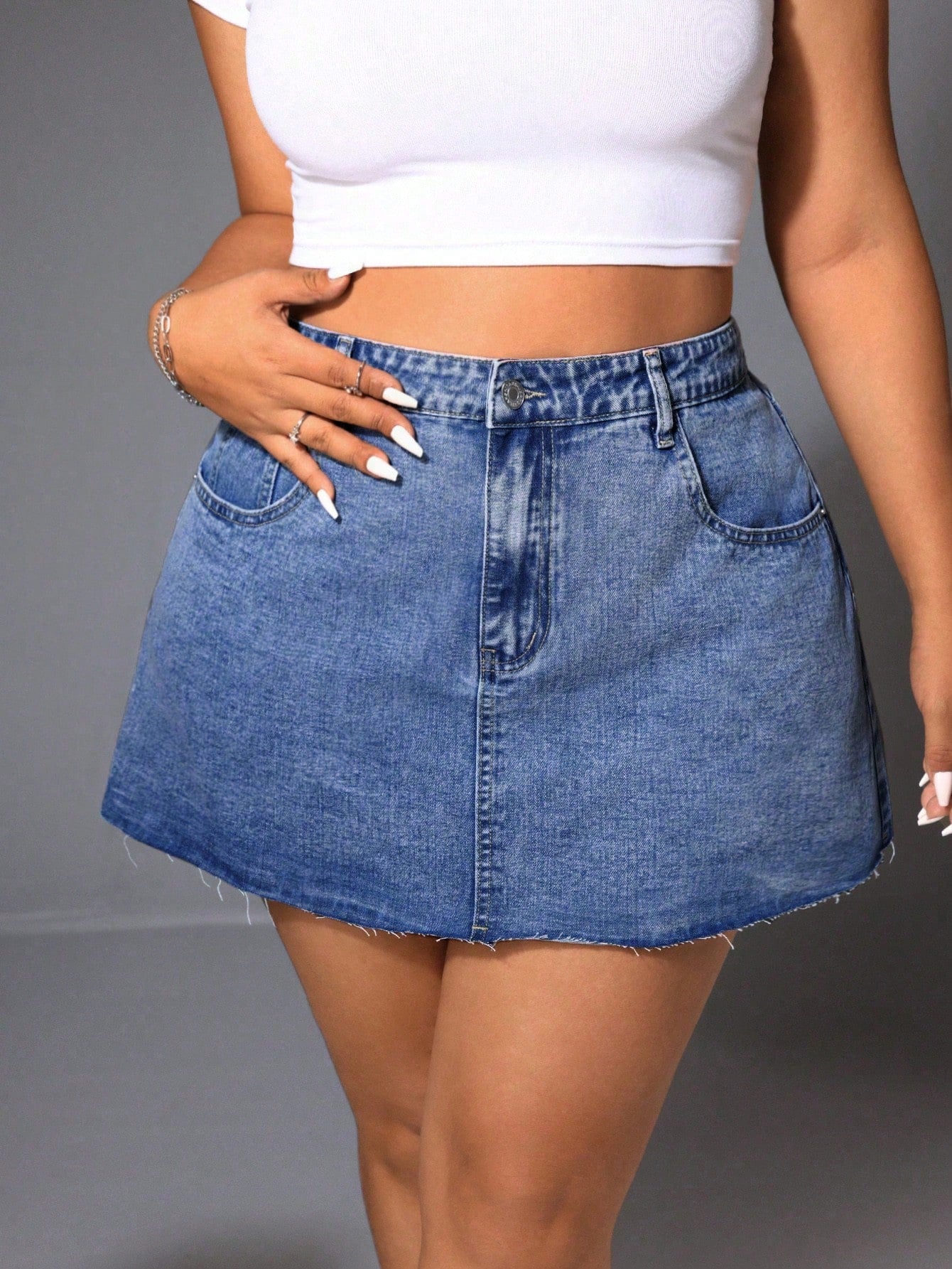 Plus Size Summer Casual Frayed Washed Denim Skirt