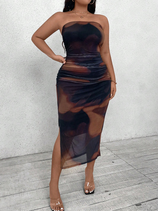 Plus Size Color-Block Strapless Split Side Tube Dress, Summer