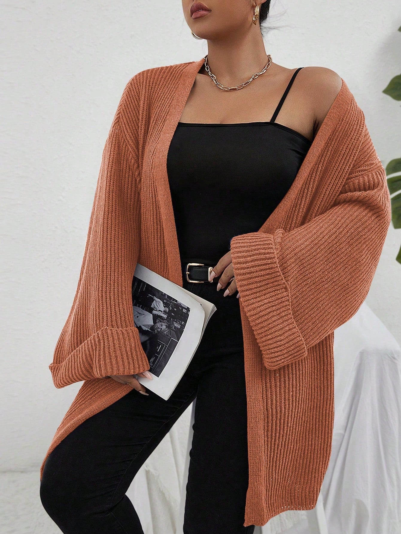 Plus Size Solid Color Ribbed Knit Elegant Long Sleeve Cardigan