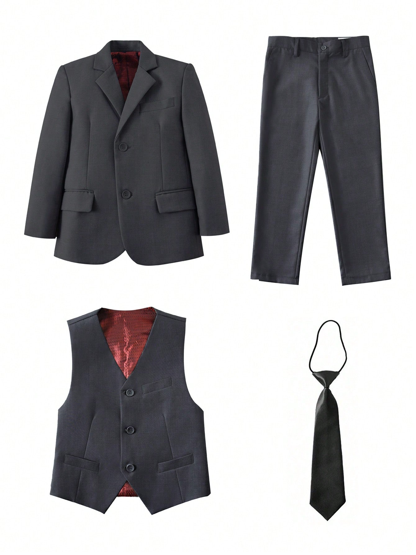 4pcs Tween Boy Back-To-School Suit Set With Suit Jacket, Pants, Vest, And Tie, Dark Blue