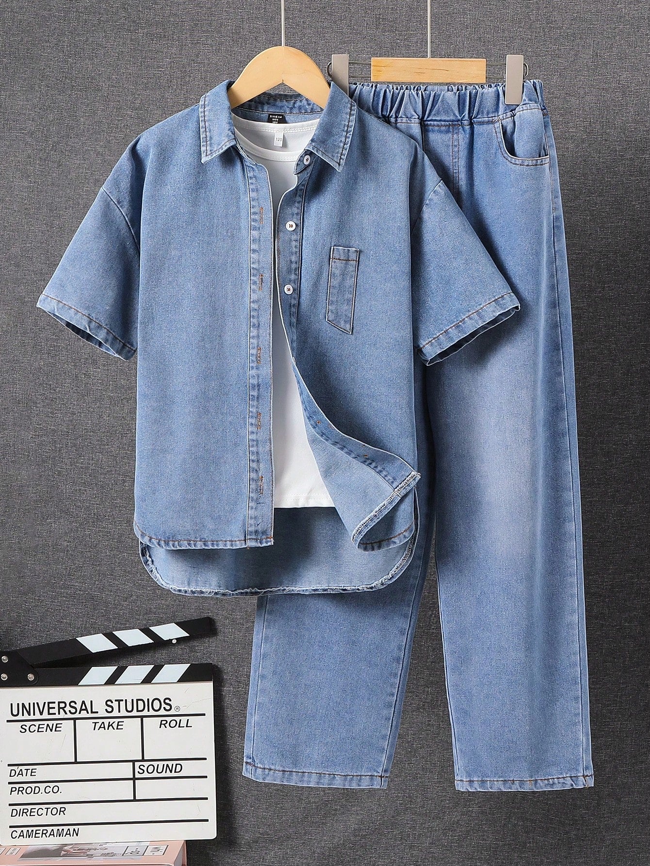 Tween Boys' Oversized Loose Fit Denim Shirt And Elastic Waist Wide Straight Leg Jeans Streetwear Set