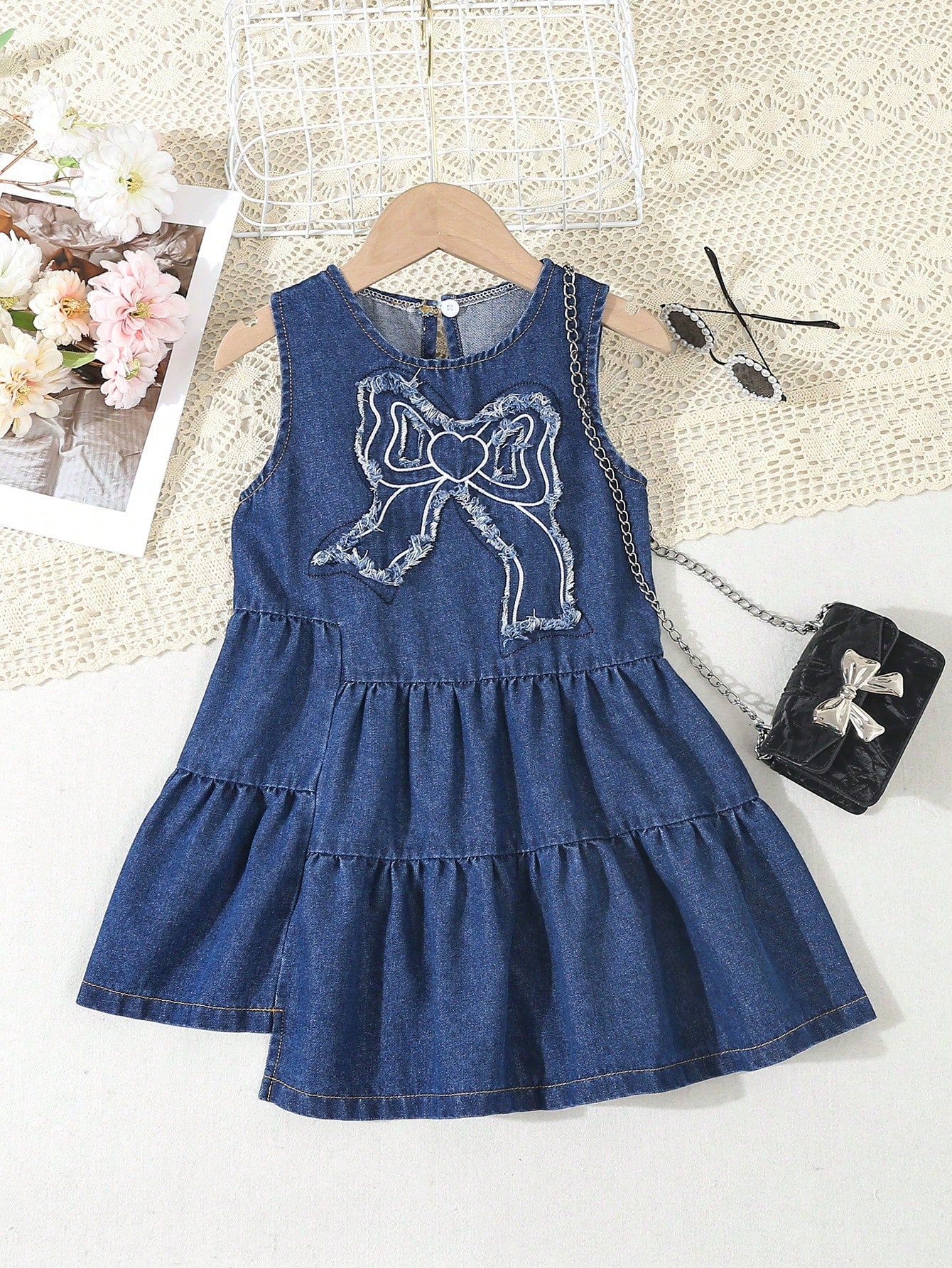 Girls' Irregular Denim Dress With Bowknot, DIY Embroidered And Applique, For Vacation And Leisure