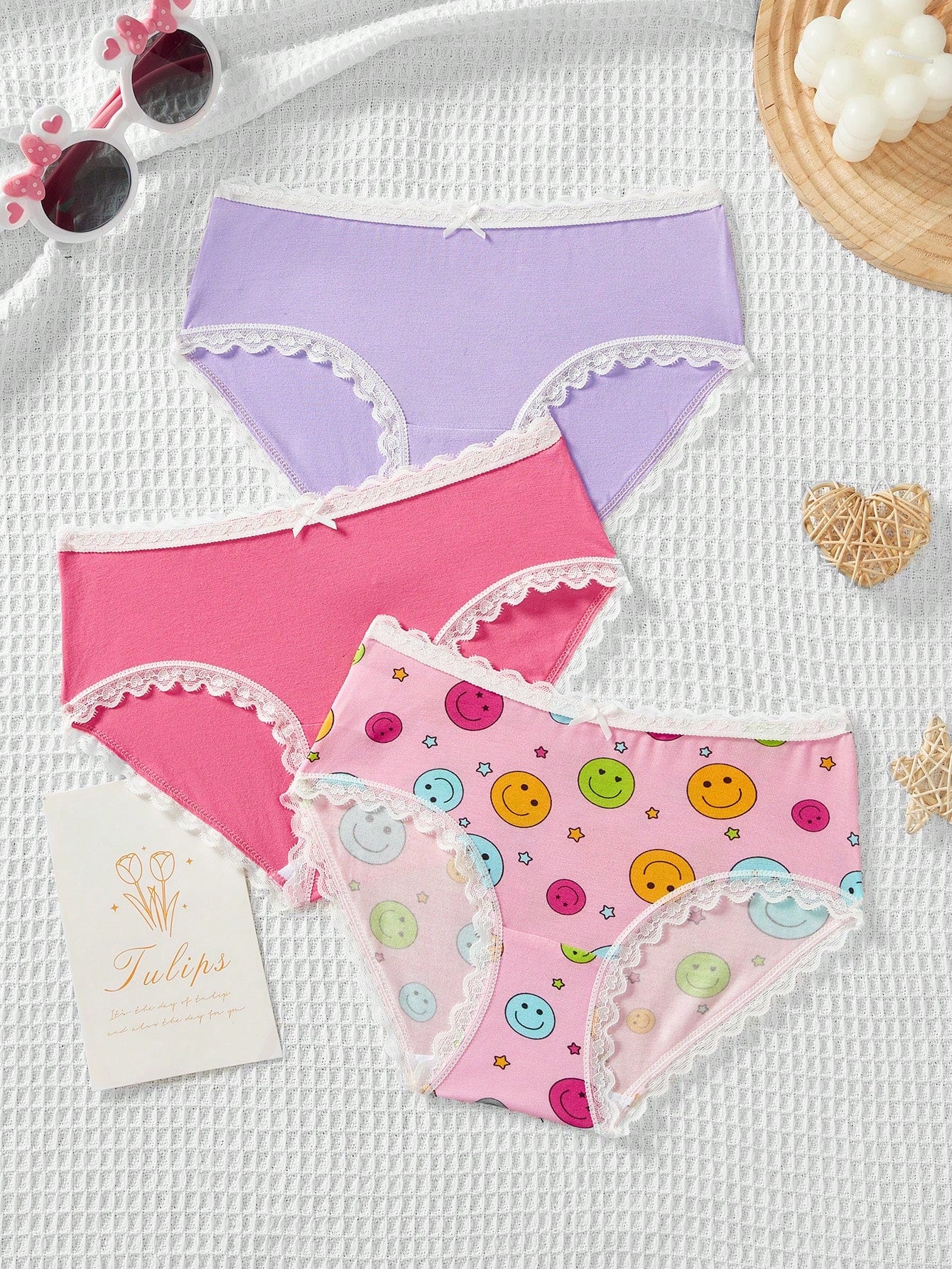 Young Girl 3pcs Fun Expression Printed Lace Trim Knit Comfortable And Breathable Triangle Panties