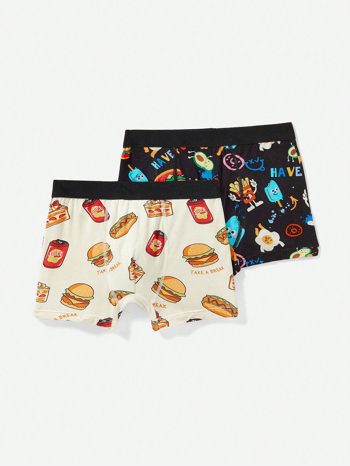 Young Boy Hamburger Pattern Comfortable Breathable Knitted Boxer Briefs With Elastic Waistband, 2pcs/Set