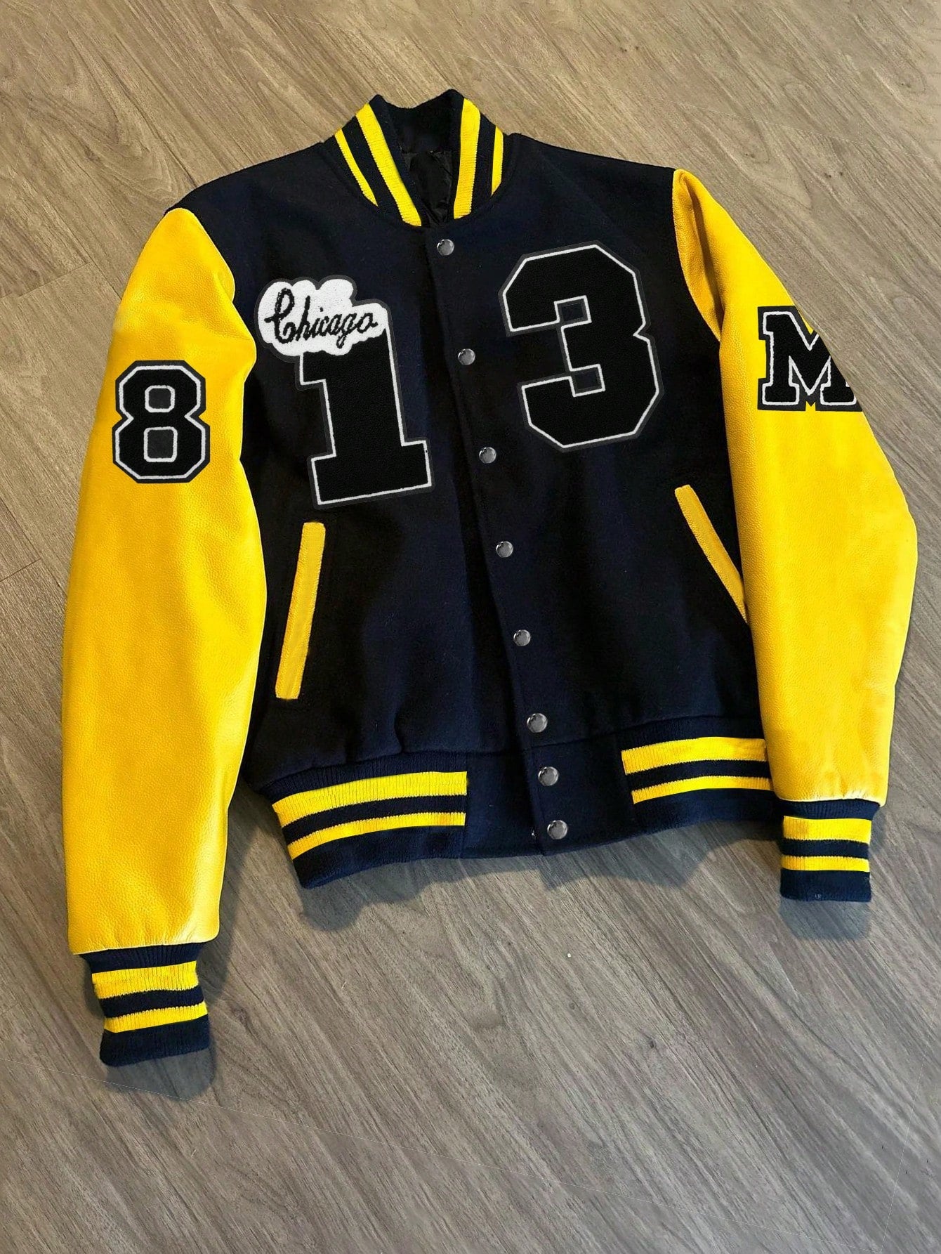 Men Letter Flocking Striped Trim Drop Shoulder Varsity Jacket