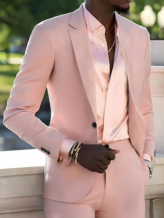 Men's Solid Color Suit Set With Jacket And Pants