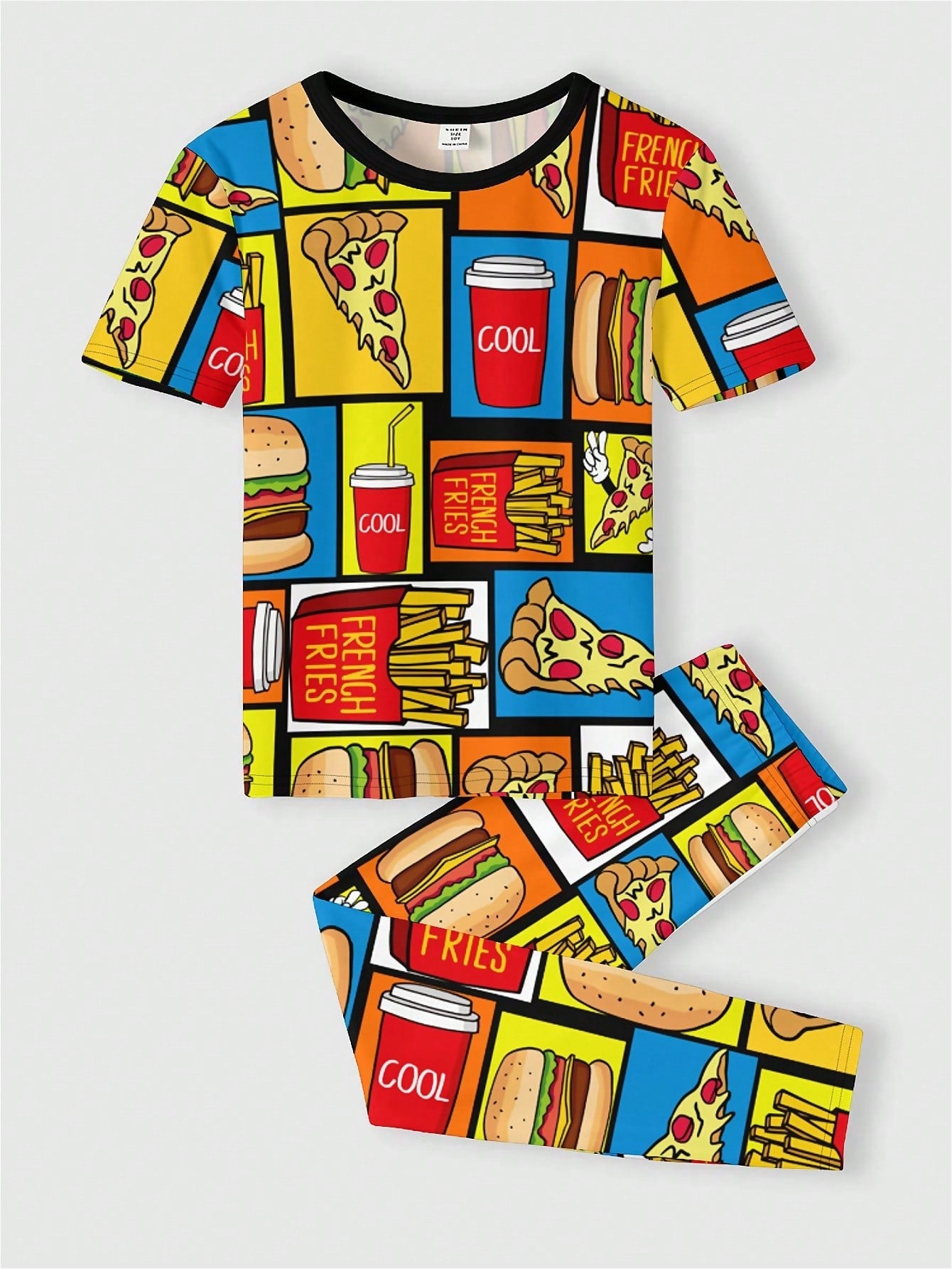 Fun Food Prints, 2pcs/Set Tween Boys' Casual Cartoon Food Pattern Short Sleeve T-Shirt And Long Pants Homewear, Suitable For Spring And Summer