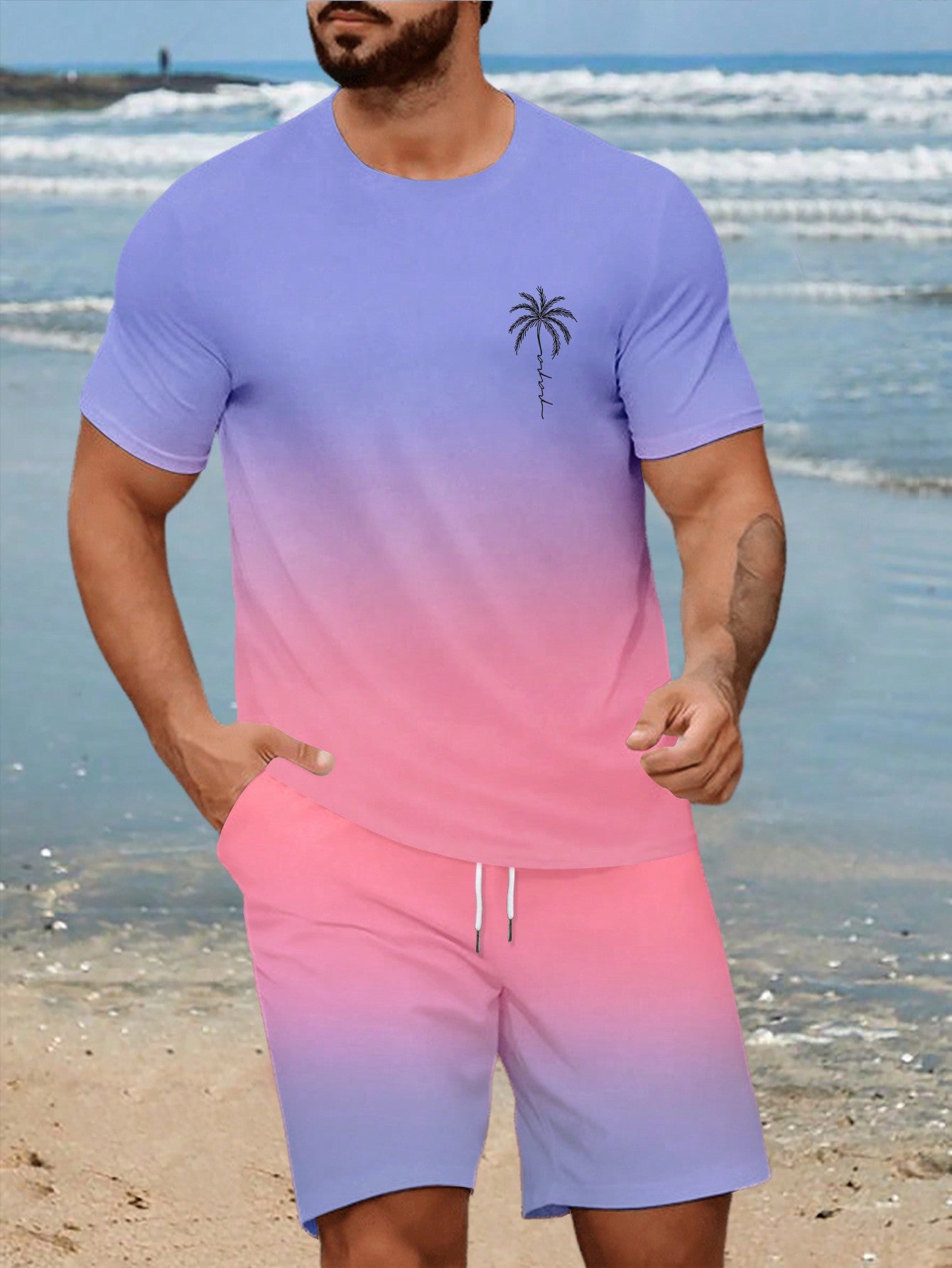 Men's Plus Size Palm Tree Ombre Print Round Neck Short Sleeve Casual T-Shirt And Drawstring Waist Shorts Set, Summer