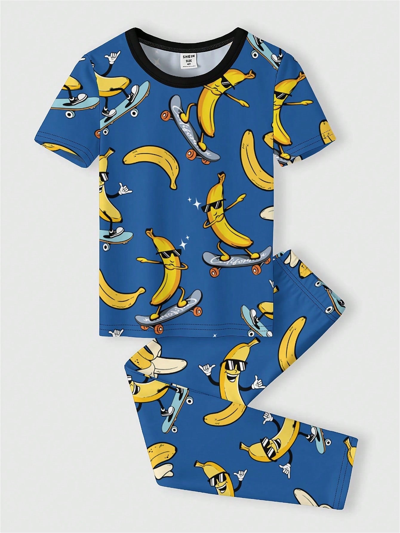 Fun Food Prints, Young Boy Casual Simple Cartoon Banana Pattern Short Sleeve T-Shirt And Long Pants Home Clothing Set, Suitable For Spring And Summer