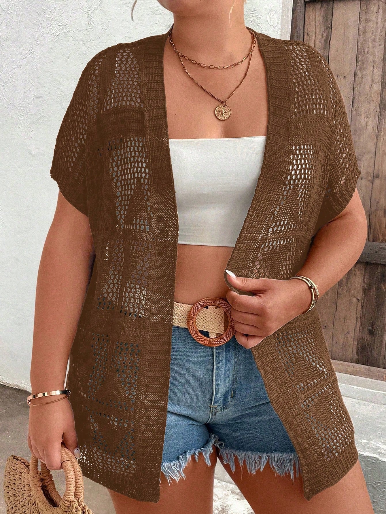 Plus Size Summer Solid Color Knitted Casual Short Sleeve Cardigan