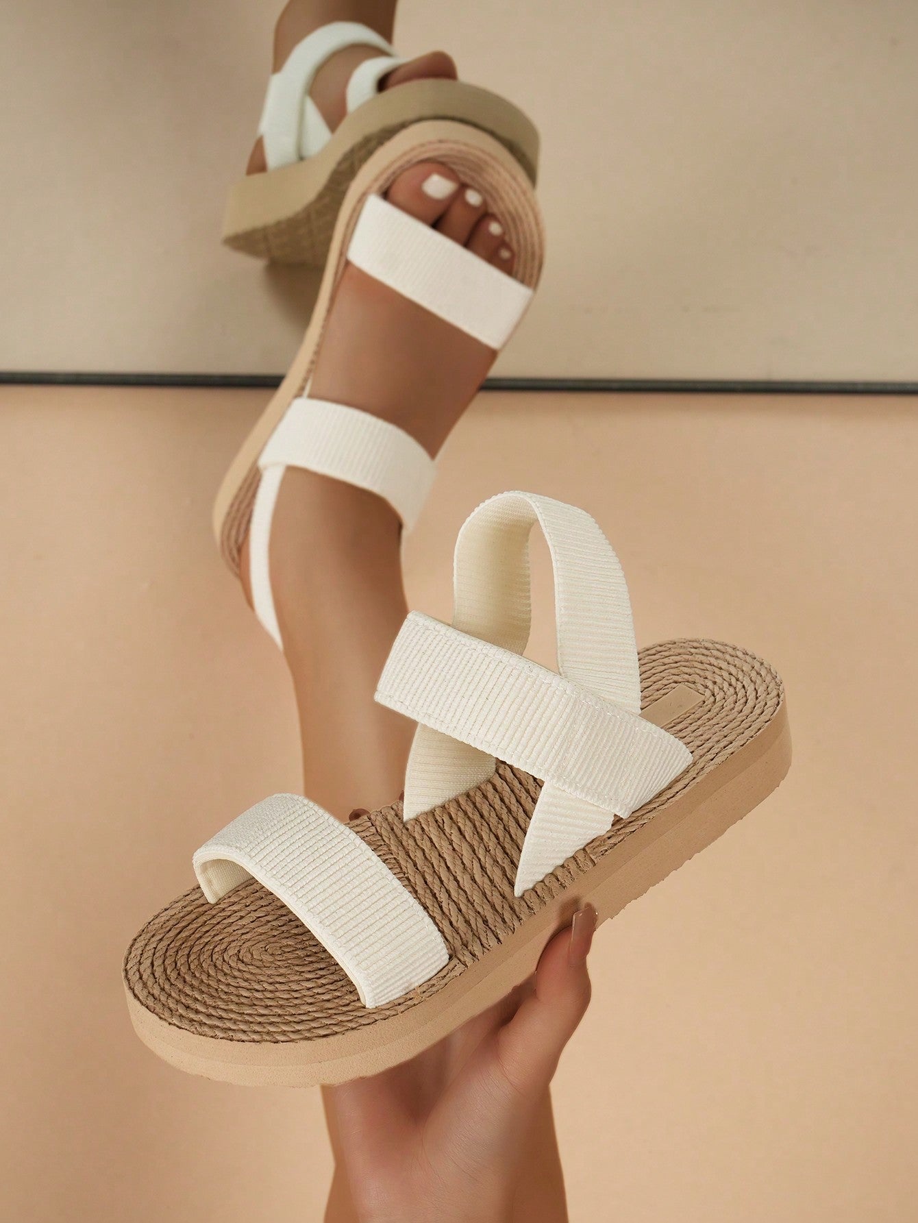 Women's Platform Sandals, Fabric One-Strap, Slip On, Beige/Camel/Brown/Yellow Wedge, Low Heel, Casual, Vacation, Beach Travel Style Pink Sandals