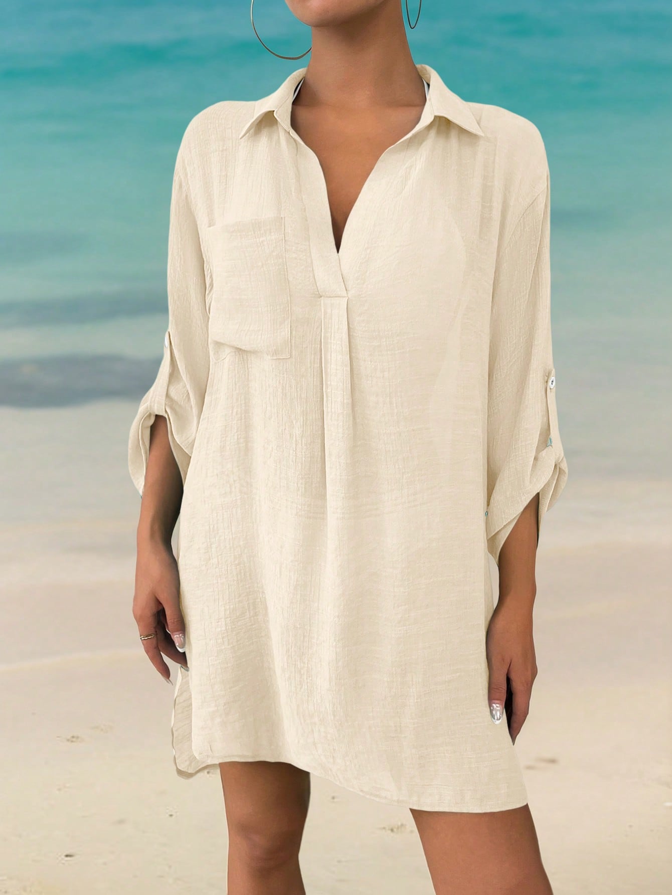 Swim Solid Roll Up Sleeve Pocket Patched Cover Up,Summer Beach