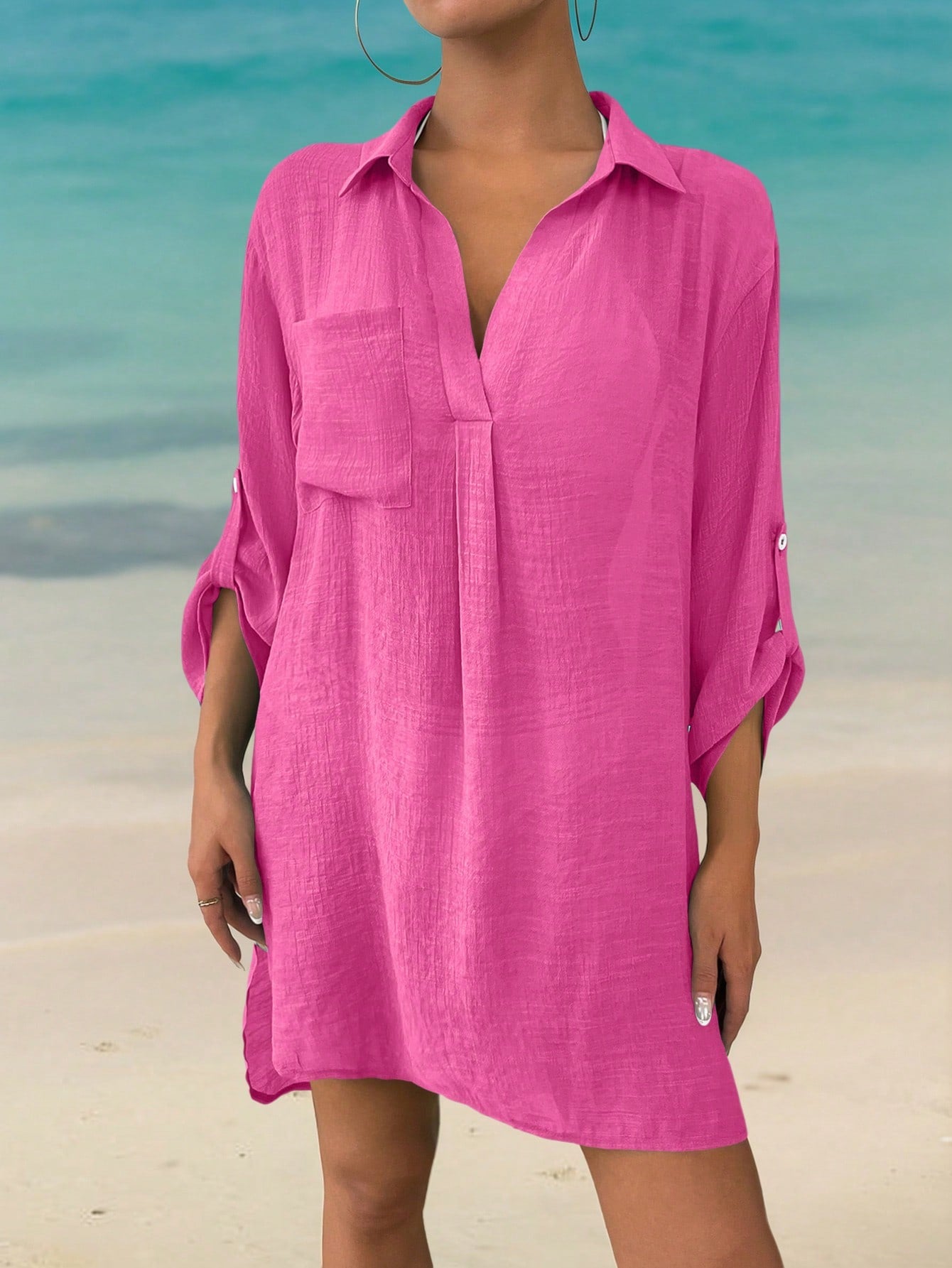 Swim Solid Roll Up Sleeve Pocket Patched Cover Up,Summer Beach