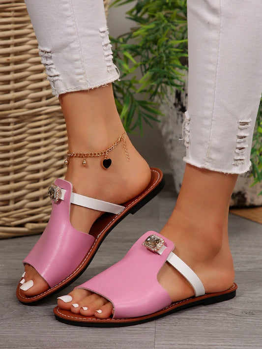 Women's Fashionable Casual Color Block Sandals With Rhinestone, Suitable For Outdoor And Beach Wear