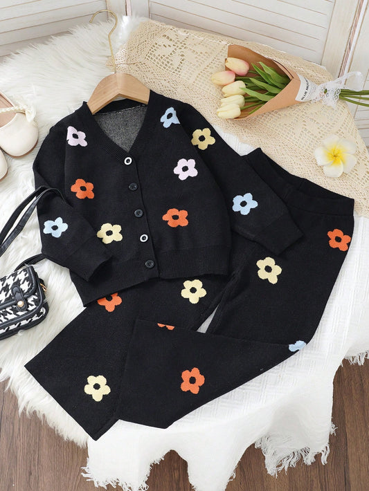 Young Girl Black Fashionable Casual Trendy Cute Comfortable Soft Simple Cardigan With Multicolor Floral Patterned Long Sleeve Sweater And Knitted Wide Leg Pants Set, 2pcs, Suitable For Wearing At Home, For Daily Outings And Traveling, And For Fall/Winter