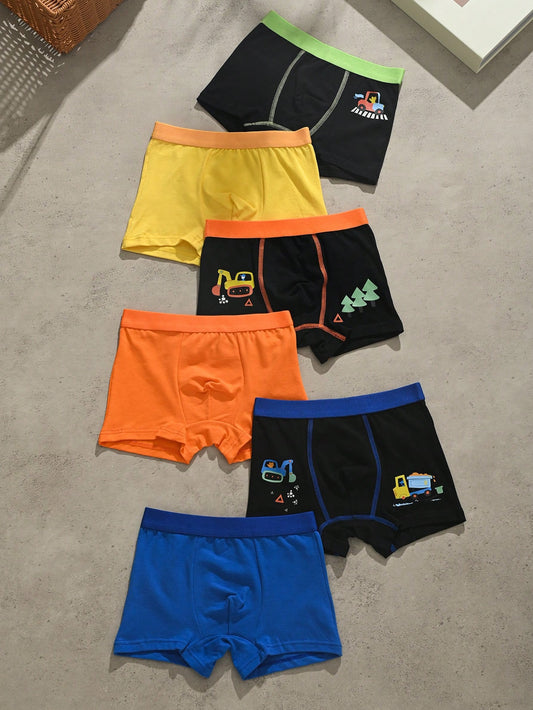 6pcs Boys' Simple Car Printed Boxer Briefs (4 Corner, No Fly)