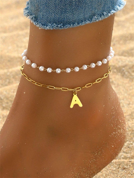 2pcs/Set Girls Summer Fashion Bohemian Initial Letter Charm Chain & Faux Pearl Anklet For Kids Family Friends Classmates Summer Beach Vacation Party Banquet Street Jewelry Accessory For Children Birthday Gift